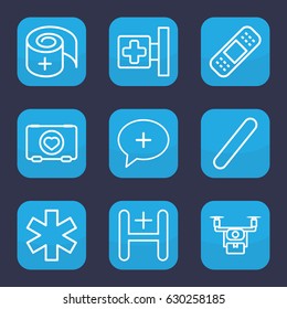 Aid icon. set of 9 outline aid icons such as case with heart, medical cross, bandage, medical sign, hospital
