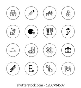 Aid icon set. collection of 16 outline aid icons with bandage, blood donation, charity, ear, crutches, food donation, inhaler, medical kit, medicine, shot, plaster icons.
