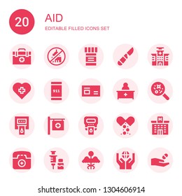 aid icon set. Collection of 20 filled aid icons included Veterinarian, Ngo, Medicine, Scalpel, Hospital, Emergency call, Pharmacist, Disease, Blood donation, Hemoglobin, Emergency phone