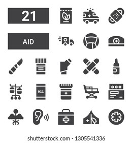 aid icon set. Collection of 21 filled aid icons included Pharmacy, Red cross, First aid, Listen, Medicine, Stretcher, Emergency call, Iv pole, Ampoule, Medical, Inhalator, Scalpel