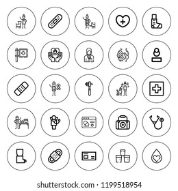 Aid icon set. collection of 25 outline aid icons with bandage, blood donation, charity, doctor, first aid, food bank, healthcare, hospital, inhaler icons. editable icons.