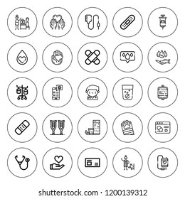 Aid icon set. collection of 25 outline aid icons with bandage, blood bag, blood donation, charity, crutches, donation, effervescent, medical app icons. editable icons.