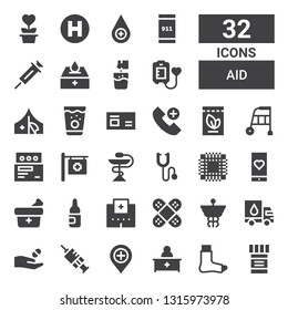 aid icon set. Collection of 32 filled aid icons included Medicine, Broken leg, Pharmacist, Hospital, Vaccination, Donation, Caduceus, Bandage, Ampoule, Medical app, Patch, Phonendoscope