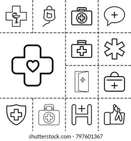 Aid icons. set of 13 editable outline aid icons such as medical sign, drop counter, hospital, injured finger, medical cross, bandage