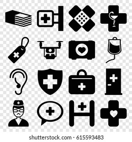 Aid icons set. set of 16 aid filled icons such as case with heart, medical cross, medical cross tag, bandage, drop counter, hospital, doctor, pharmacy