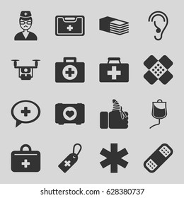 Aid icons set. set of 16 aid filled icons such as case with heart, medical cross tag, bandage, medical sign, drop counter, injured finger, doctor