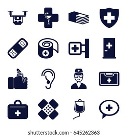 Aid icons set. set of 16 aid filled icons such as medical cross, bandage, medical sign, drop counter, injured finger, doctor, pharmacy