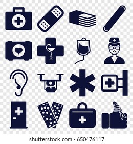 Aid icons set. set of 16 aid filled icons such as case with heart, medical cross, bandage, medical sign, drop counter, injured finger, doctor, pharmacy, ear