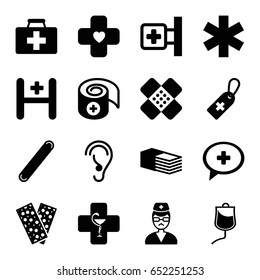 Aid icons set. set of 16 aid filled icons such as first aid kit, medical cross, medical cross tag, medical sign, bandage, drop counter, hospital, doctor, pharmacy