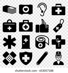 Aid icons set. set of 16 aid filled icons such as case with heart, medical cross tag, medical sign, bandage, injured finger, doctor, pharmacy