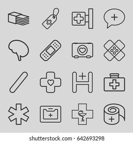Aid icons set. set of 16 aid outline icons such as case with heart, first aid kit, medical cross, medical cross tag, bandage, hospital, doctor