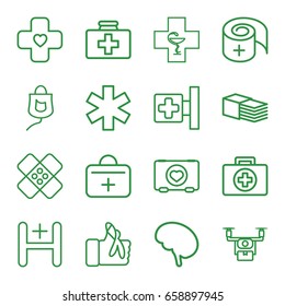 Aid icons set. set of 16 aid outline icons such as case with heart, medical cross, medical sign, bandage, drop counter, hospital, injured finger, doctor, pharmacy