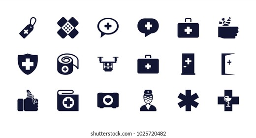 Aid icons. set of 18 editable filled aid icons: case with heart, medical cross tag, medical sign, injured finger, doctor, bandage