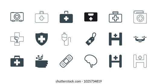 Aid icons. set of 18 editable filled and outline aid icons: first aid kit, medical cross tag, medical sign, hospital, case with heart, bandage, doctor, injured finger