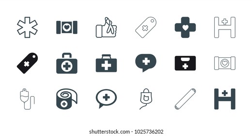Aid icons. set of 18 editable filled and outline aid icons: medical cross, bandage, medical sign, drop counter, injured finger, case with heart