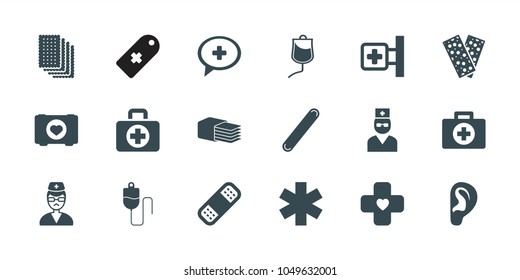 Aid icons. set of 18 editable filled aid icons: first aid, case with heart, medical cross, bandage, drop counter, doctor, medical cross tag, medical sign