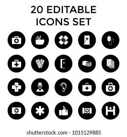 Aid icons. set of 20 editable filled aid icons such as case with heart, medical sign, bandage, injured finger, doctor, pharmacy. best quality aid elements in trendy style.