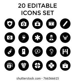 Aid icons. set of 20 editable filled aid icons such as case with heart, medical cross tag, medical sign, bandage, drop counter, hospital, doctor, pharmacy