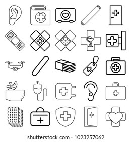 Aid icons. set of 25 editable outline aid icons such as case with heart, medical cross, medical cross tag, bandage, ear, drop counter, injured finger