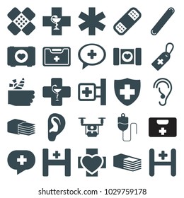 Aid icons. set of 25 editable filled aid icons such as case with heart, medical cross, medical cross tag, bandage, hospital, pharmacy, ear, drop counter