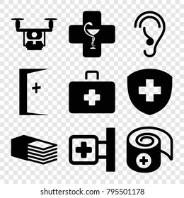 Aid icons. set of 9 editable filled aid icons such as medical cross, bandage, medical drone, pharmacy, ear
