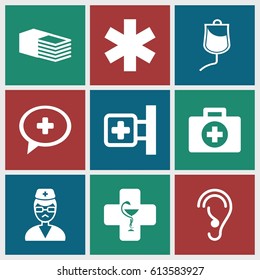 Aid icons set. set of 9 aid filled icons such as medical cross, medical sign, bandage, drop counter, doctor, pharmacy, ear
