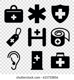 Aid icons set. set of 9 aid filled icons such as medical cross tag, medical sign, hospital, ear