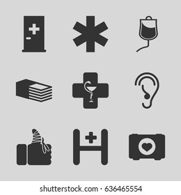 Aid icons set. set of 9 aid filled icons such as aid post, case with heart, medical sign, bandage, drop counter, hospital, injured finger, pharmacy