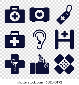 Aid icons set. set of 9 aid filled icons such as case with heart, medical cross tag, hospital, injured finger, bandage, pharmacy