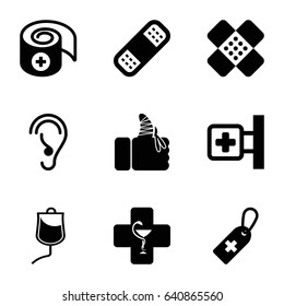 Aid icons set. set of 9 aid filled icons such as medical cross, medical cross tag, bandage, drop counter, injured finger, pharmacy