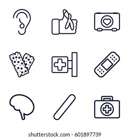 aid icons set. Set of 9 aid outline icons such as case with heart, medical cross, bandage, injured finger, doctor, ear