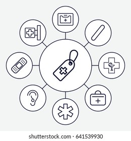 Aid icons set. set of 9 aid outline icons such as medical cross, medical cross tag, bandage, first aid kit, pharmacy