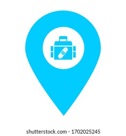 Icono de la asignación de la ubicación de la bolsa del kit de ayuda. Elemento de punto de mapa para concepto móvil y aplicaciones web. Icono para el diseño y desarrollo de sitios web, desarrollo de aplicaciones. Señal de icono del hospital, clínica y farmacia Premium