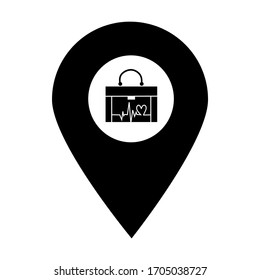 Icono de la asignación de la ubicación de la bolsa del kit de ayuda. Elemento de punto de mapa para concepto móvil y aplicaciones web. Icono para el diseño y desarrollo de sitios web, desarrollo de aplicaciones. Señal de icono del hospital, clínica y farmacia Premium