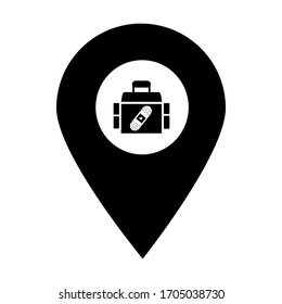 Icono de la asignación de la ubicación de la bolsa del kit de ayuda. Elemento de punto de mapa para concepto móvil y aplicaciones web. Icono para el diseño y desarrollo de sitios web, desarrollo de aplicaciones. Señal de icono del hospital, clínica y farmacia Premium