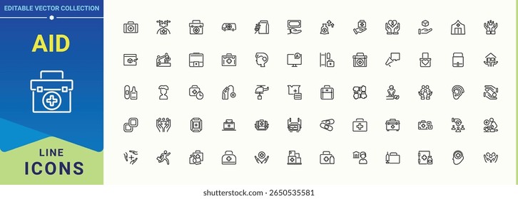 Conjunto de iconos de línea de ayuda. Incluye símbolos para la primera, cuidado, laboratorio, llamada, enfermera y más. Conjunto de iconos modernos de drogas. Colecciones de Vector minimalistas. Trazo editable. colección de Vector.