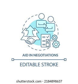 Aid In Negotiations Turquoise Concept Icon. Business Ethics Benefit Abstract Idea Thin Line Illustration. Procurement. Isolated Outline Drawing. Editable Stroke. Arial, Myriad Pro-Bold Fonts Used