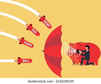 Aid and protection. businessman protecting his money with umbrella