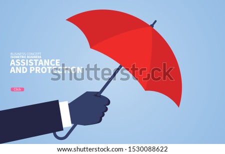 Aid and protection, huge hand holding a red umbrella