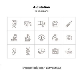 Aid station icons. Set of line icons. Pills, DNA, vision test, microscope. Medicine concept. Vector illustration can be used for topics like healthcare, science, hospital