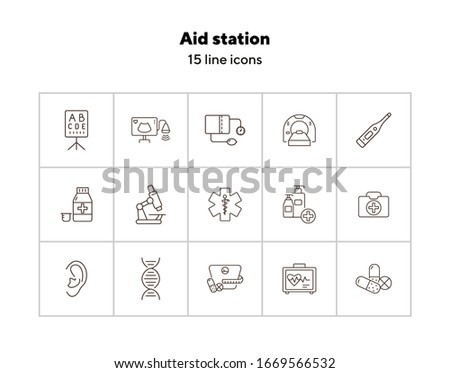 Aid station icons. Set of line icons. Pills, DNA, vision test, microscope. Medicine concept. Vector illustration can be used for topics like healthcare, science, hospital
