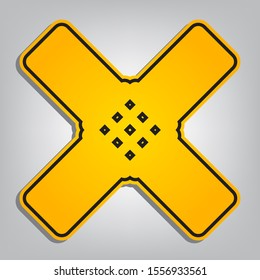 Aid sticker sign. Flat orange icon with overlapping linear black icon with gray shadow at whitish background. Illustration.