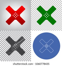 Aid sticker sign. Vector. 4 styles. Red gradient in radial lighted background, green flat and gray scribble icons on transparent and linear one in blue circle.