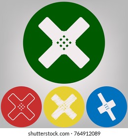 Aid sticker sign. Vector. 4 white styles of icon at 4 colored circles on light gray background.
