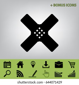 Aid sticker sign. Vector. Black icon at gray background with bonus icons at celery ones