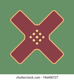 Aid sticker sign. Vector. Cordovan icon and mellow apricot halo with light khaki filled space at russian green background.