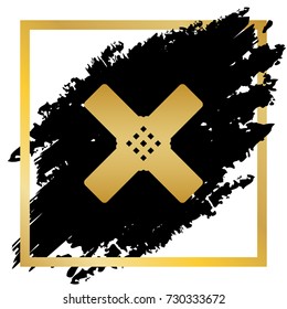 Aid sticker sign. Vector. Golden icon at black spot inside golden frame on white background.