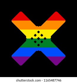 Aid sticker sign. Vector. Icon with colors of LGBT flag at black background.