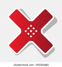 Aid sticker sign. Vector. New year reddish icon with outside stroke and gray shadow on light gray background.