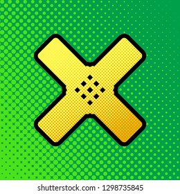 Aid sticker sign. Vector. Pop art orange to yellow dots-gradient icon with black contour at greenish background.